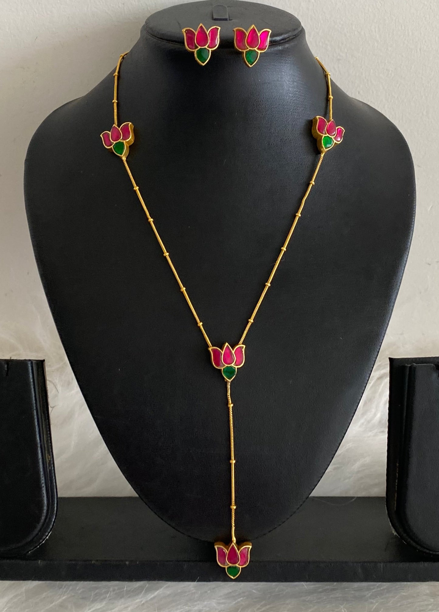 Gold tone pink-green kundan jadau lotus chain/necklace set dj-54505