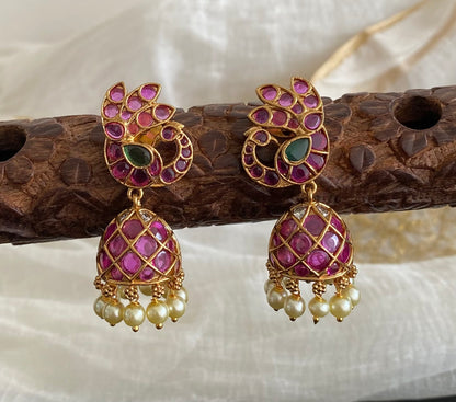 Antique gold tone kemp-green-white stone pearl peacock jhumkka dj-55093
