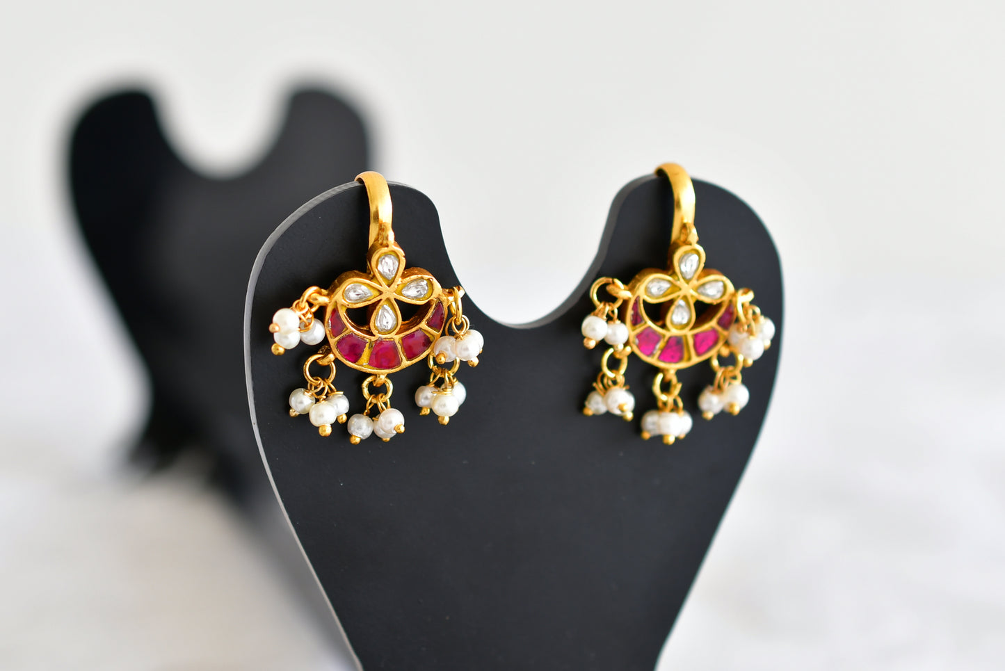Gold tone pink-white kundan jadau bali bugadi earrings dj-52473
