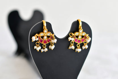 Gold tone pink-white kundan jadau bali bugadi earrings dj-52473