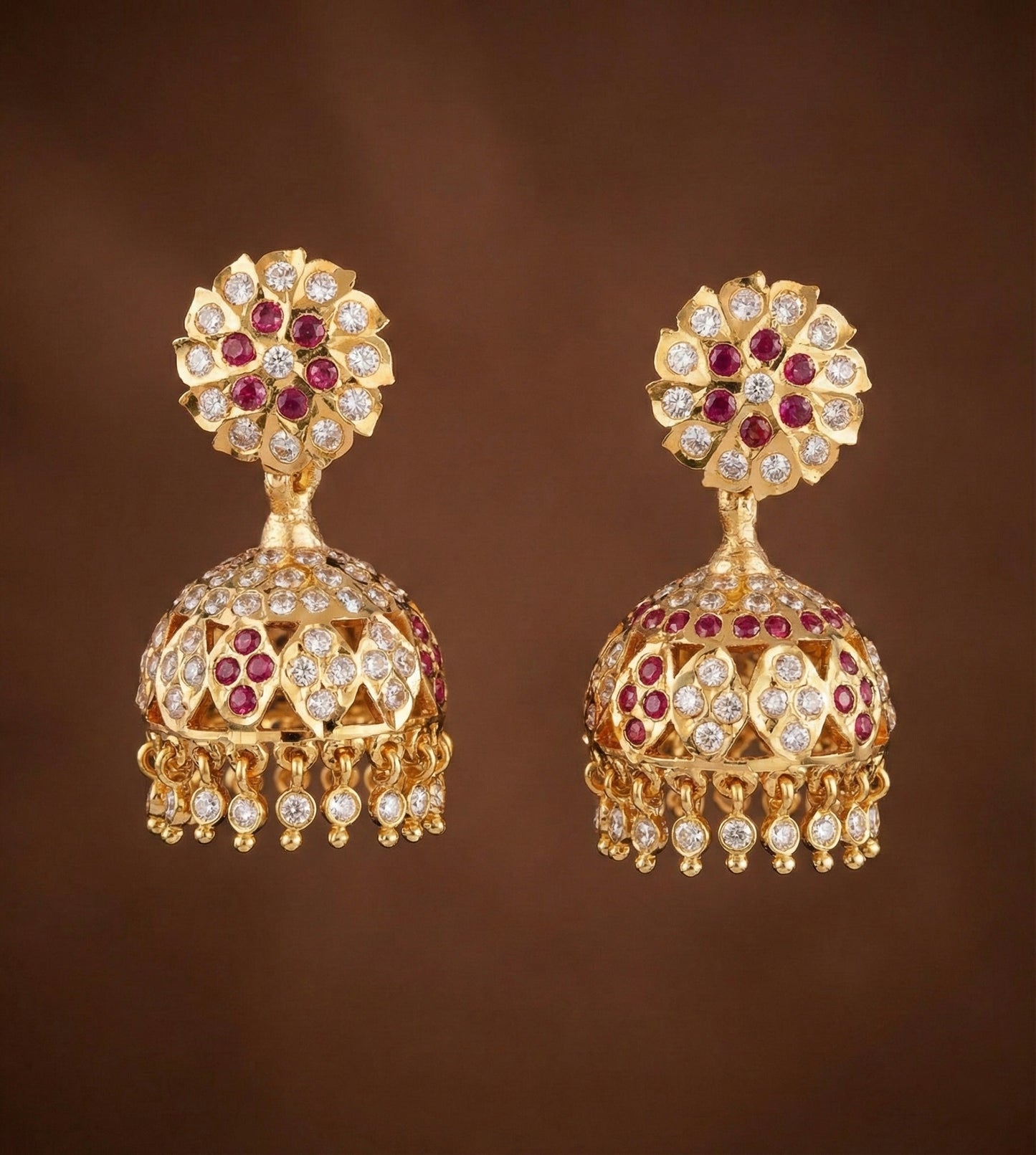 Gold tone south indian style AD pink-white jhumkka dj-50498