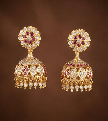 Gold tone south indian style AD pink-white jhumkka dj-50498