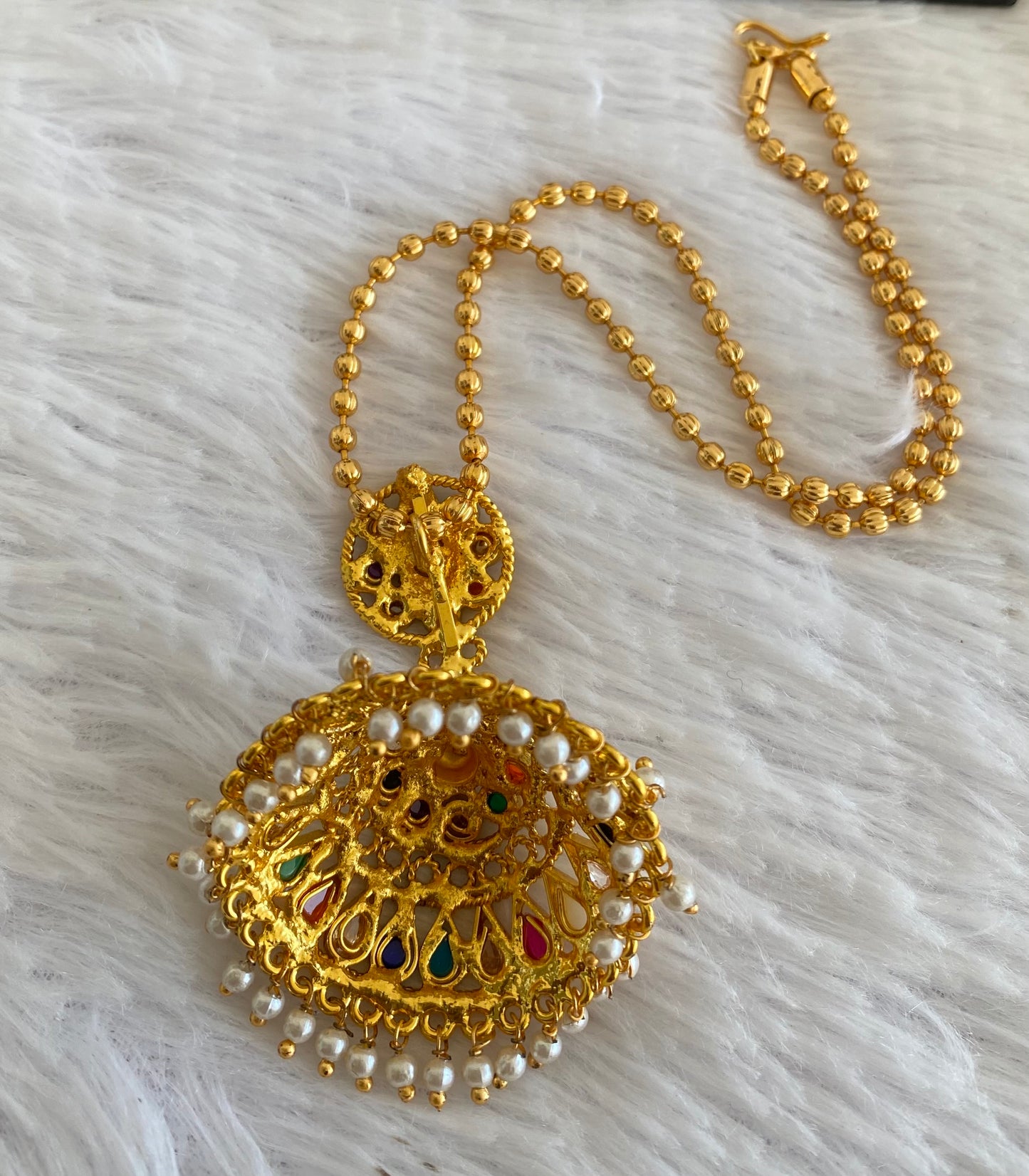 Antique gold tone navarathna jhumkka pendant with ball chain dj-52943