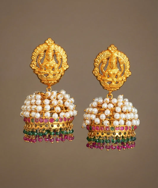Matte finish ruby-emerald pearl cluster lakshmi jhumkka DJ23527