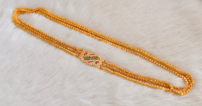 Gold tone 24 inches ruby-green-white triple layer mugappu chain Dj-53309