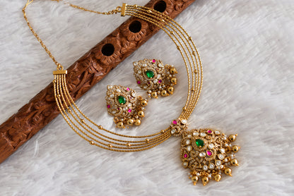 Antique gold tone pink-green kundan jadau kante necklace set dj-52421
