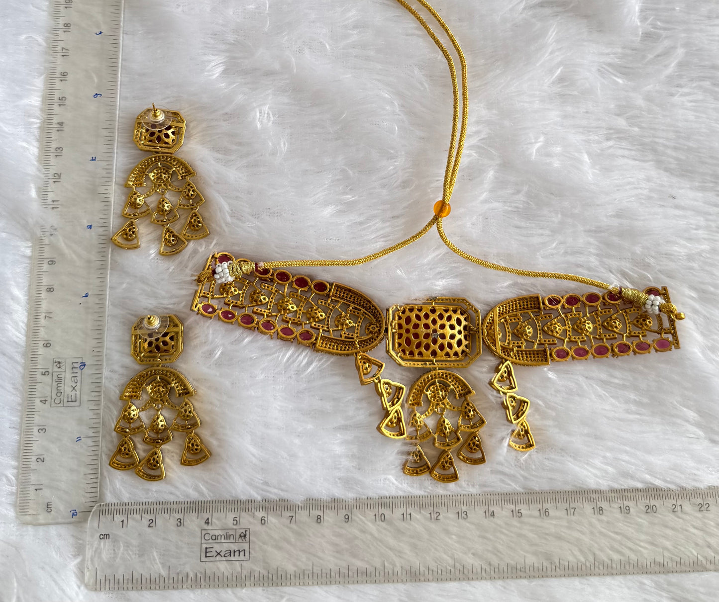 Antique gold tone cz kundan red choker necklace set dj-51075