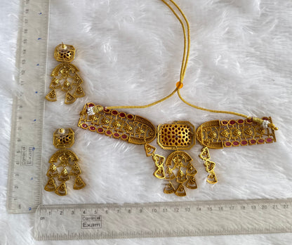 Antique gold tone cz kundan red choker necklace set dj-51075