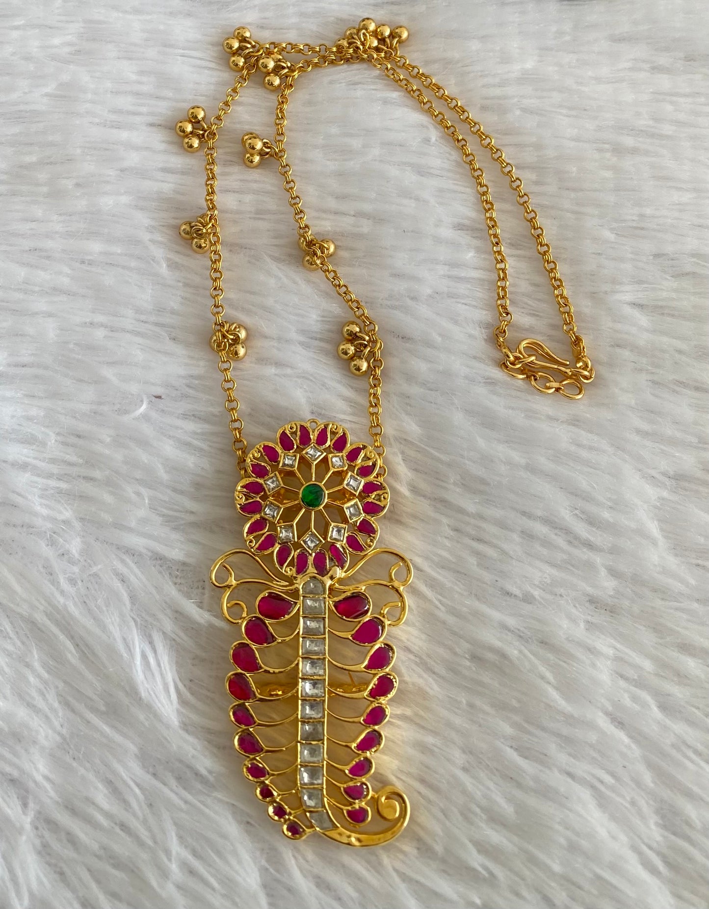 Gold tone pink-green-white kundan jadau mango flower necklace dj-53139