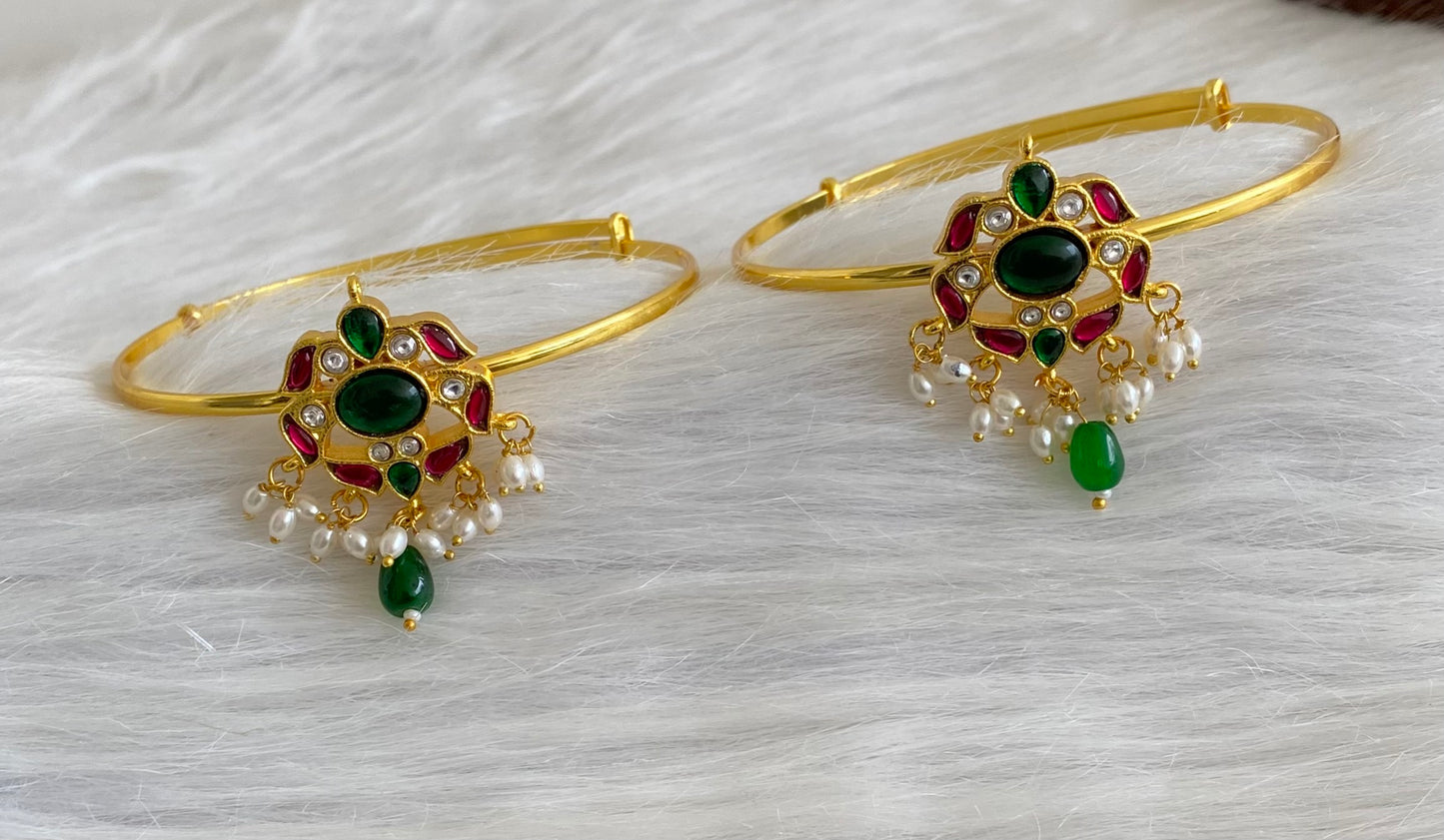 Gold tone kundan jadau kemp-green-white pearl baju band dj-53834
