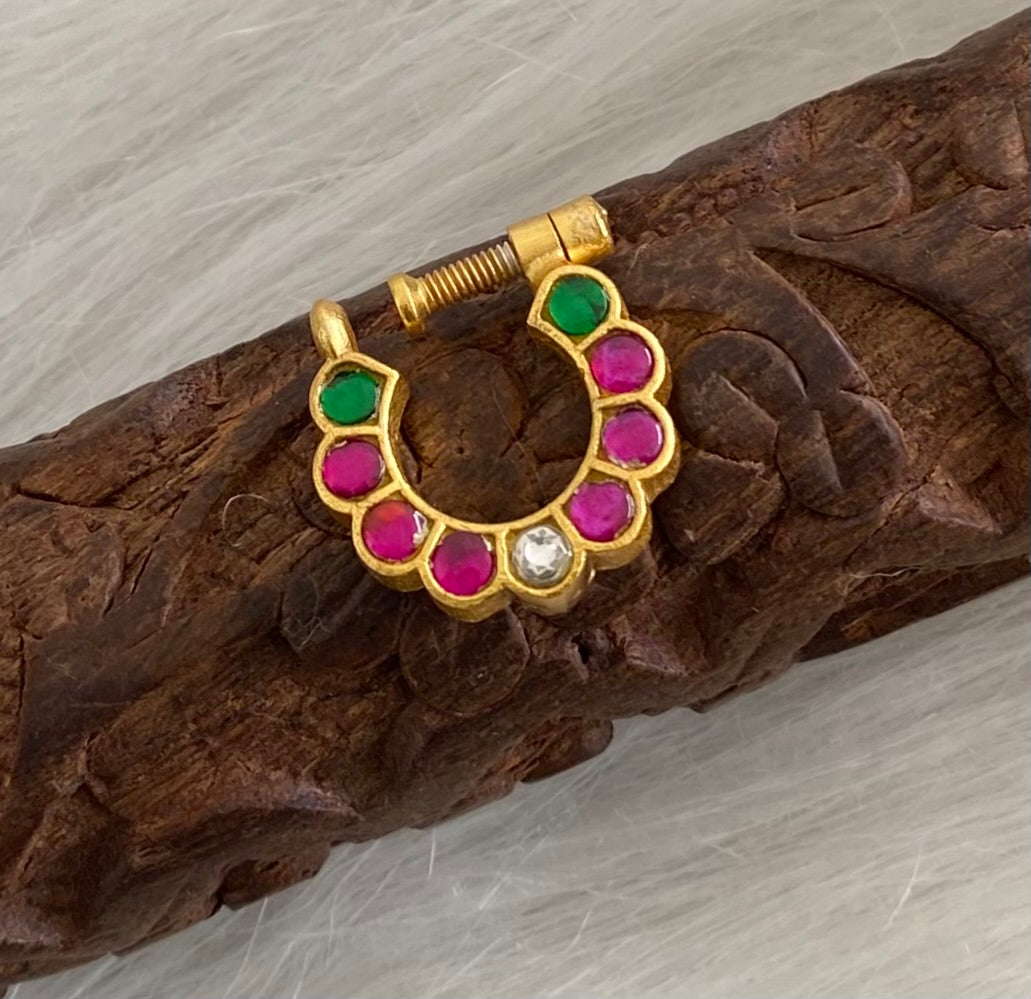 Gold tone kundan jadau pink-green-white stone nose pin dj-53721