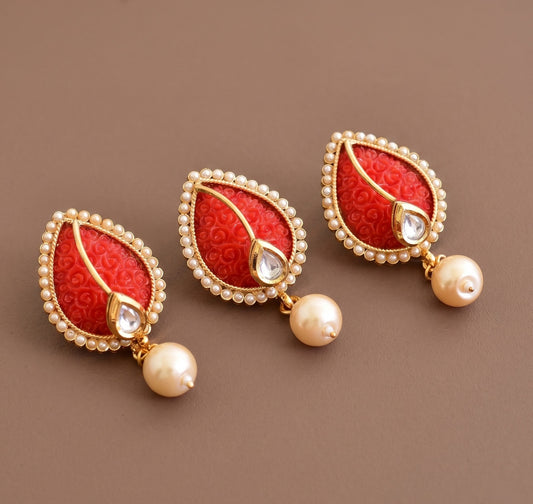 Antique gold tone Rose Carved Red Pendant Set-dj02749