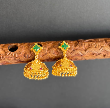 Gold tone green-pink lakshmi coin jhumkka dj-51482