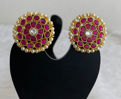 Gold tone pink-white pearl kundan jadau flower stud/earrings dj-53547