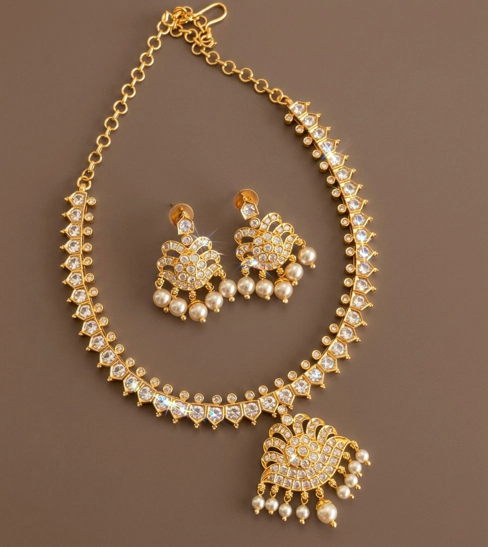 Gold tone AD white stone pearl south indian style necklace set dj-53421