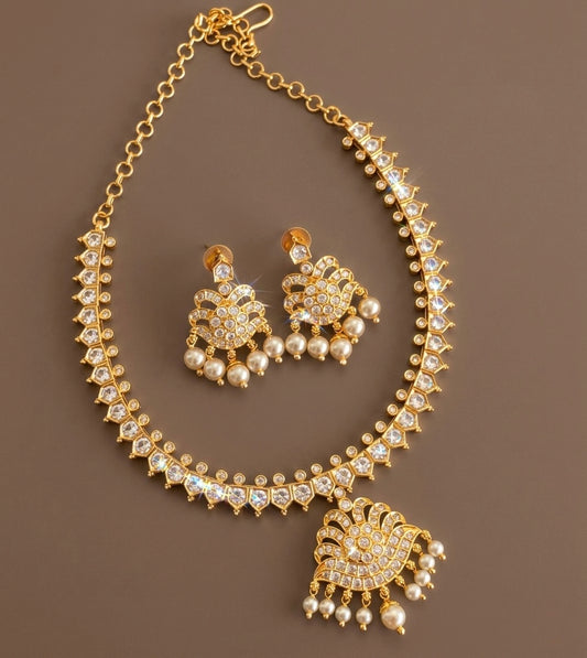 Gold tone AD white stone pearl south indian style necklace set dj-53421