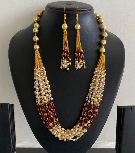 Gold tone maroon beaded pearl multilayer necklace set dj-54213