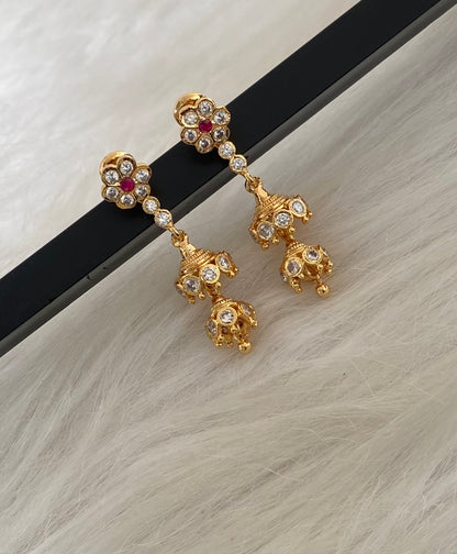 Gold tone ad pink-white stone south indian step jhumkka dj-54893