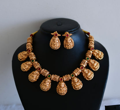 Antique gold tone kemp-green beaded nakshi lakshmi necklace set dj-52739