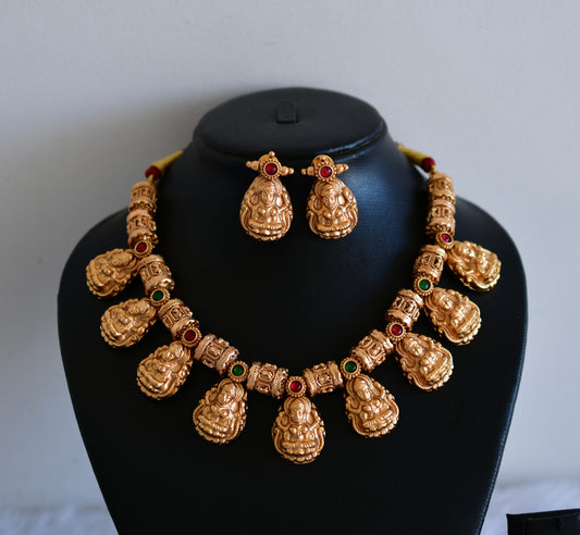 Antique gold tone kemp-green beaded nakshi lakshmi necklace set dj-52739
