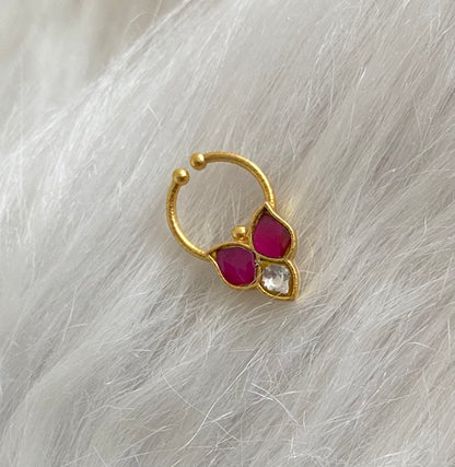 Gold tone kundan jadau pink-white stone nose pin/bulakku dj-53747