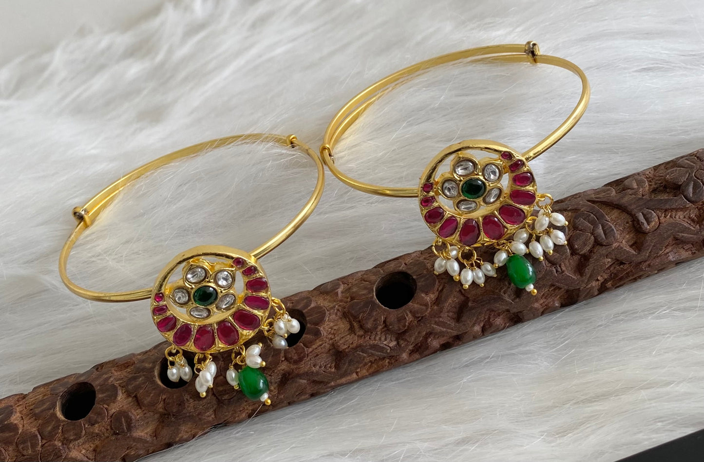 Gold tone kundan jadau kemp-green-white flower pearl baju band dj-53835