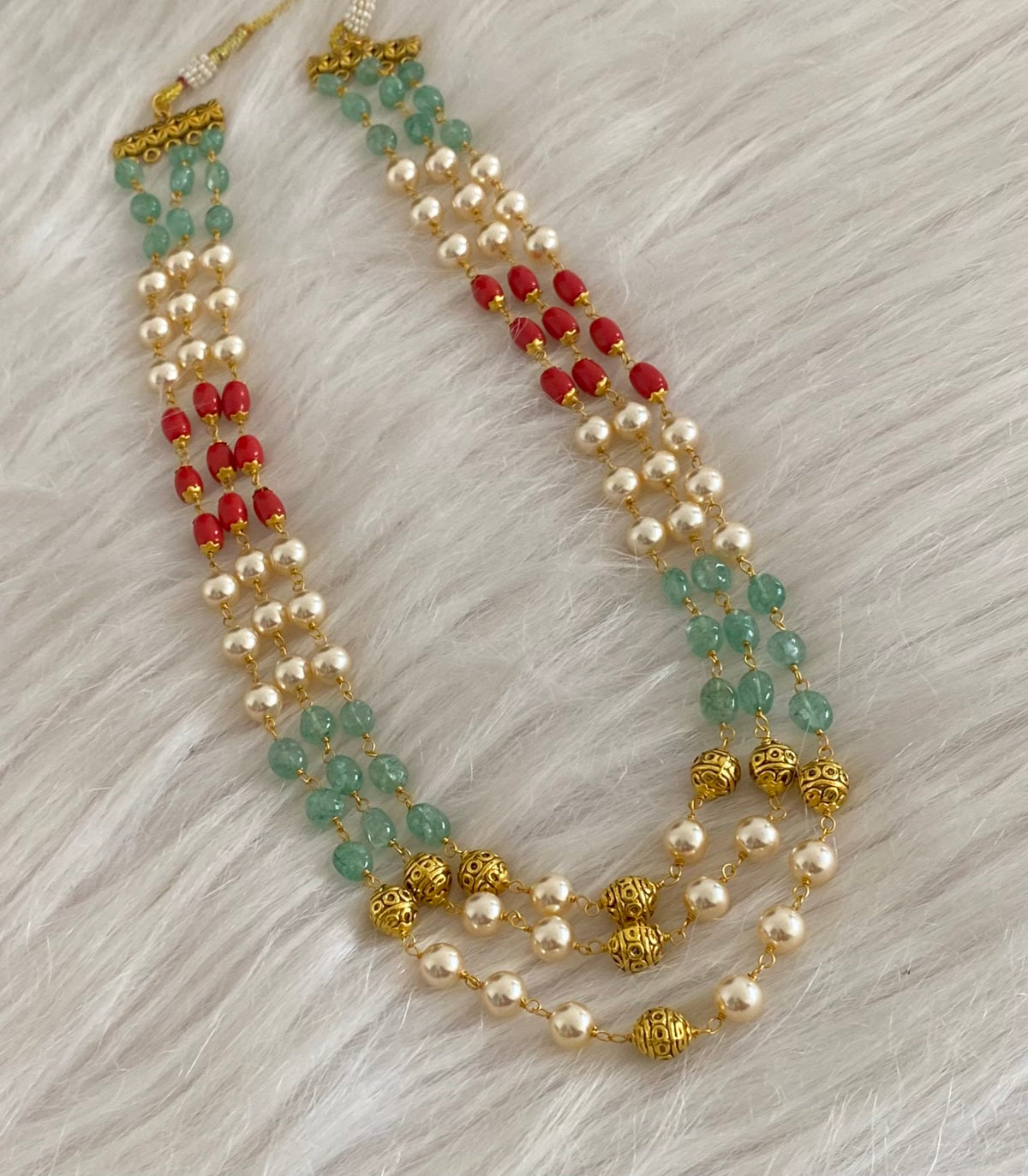 Antique gold tone multilayer coral-pearl beaded necklace dj-54979