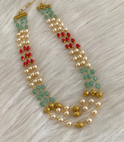 Antique gold tone multilayer coral-pearl beaded necklace dj-54979