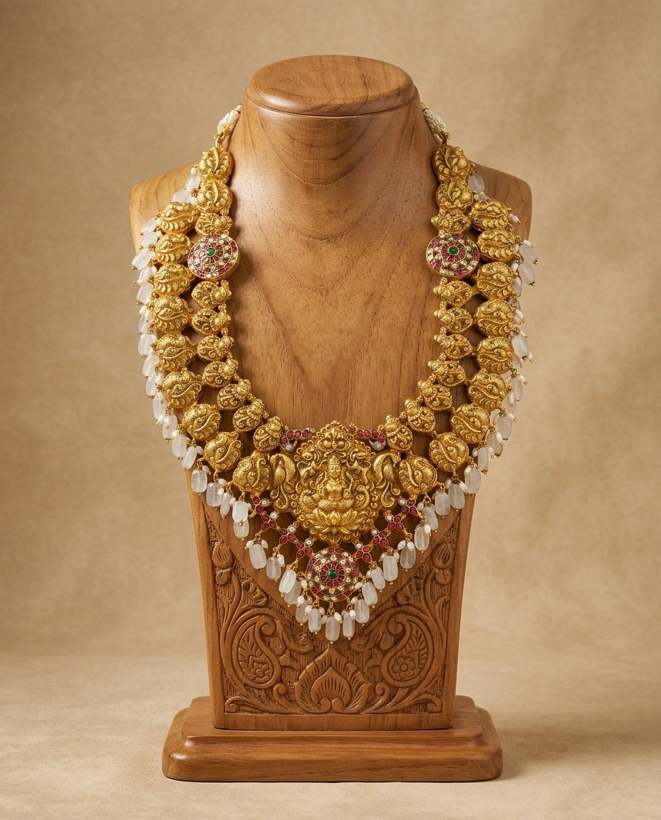 Antique gold look alike Pink-green-white Lakshmi kundan jadau swan haar dj-40612