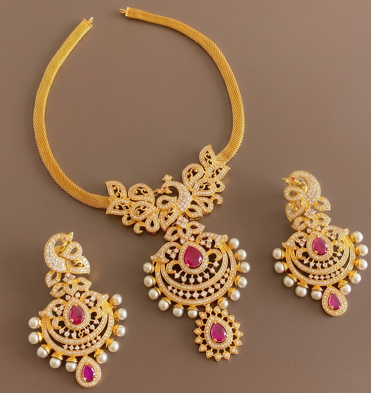 Gold tone cz-ruby pearl peacock necklace set dj-03770