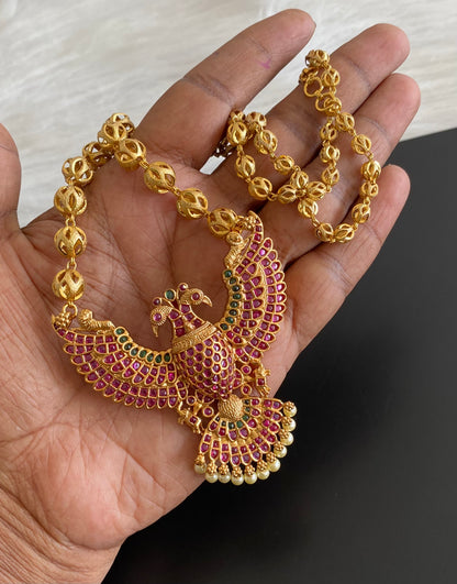 Gold tone pink-green pearl gandaberunda necklace dj-53993