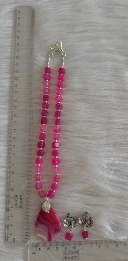 Silver Tone pink agate beaded Necklace Set Dj-51334