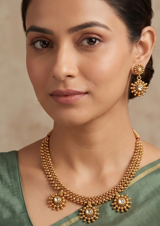 Antique gold tone white kundan necklace set dj-03919