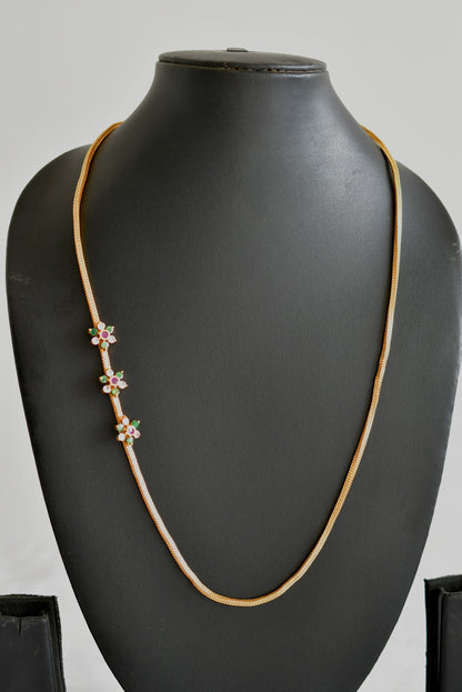 Gold tone AD pink-green-white stone flower mugappu chain dj-51897