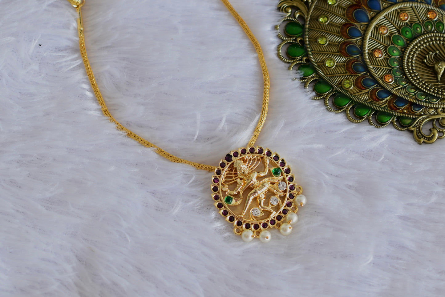 Gold tone precious kemp-green pearl Shri Natarajar necklace dj-52254