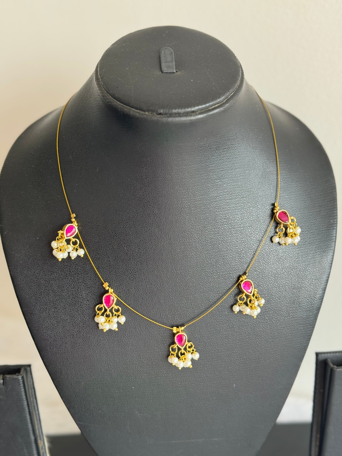 Gold tone pink-green kundan jadau reversible invisible necklace dj-51548