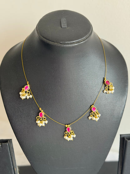 Gold tone pink-green kundan jadau reversible invisible necklace dj-51548