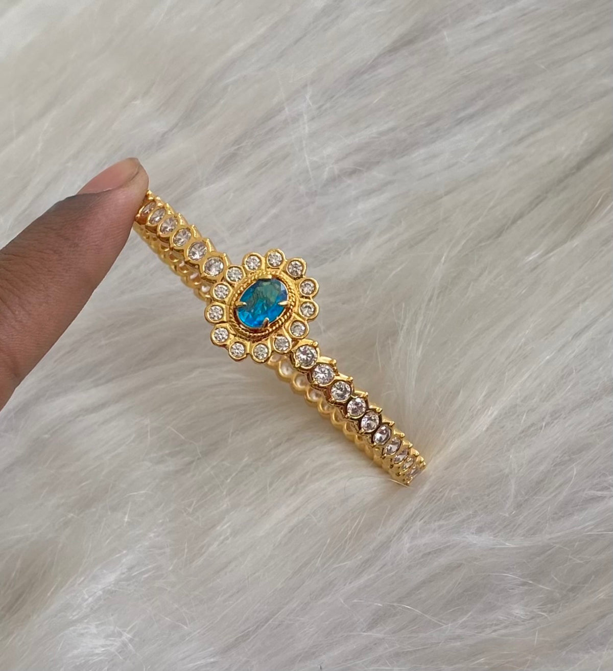 Gold tone AD white blue stone diamond look alike bangle/kada(2.10) Dj-54870