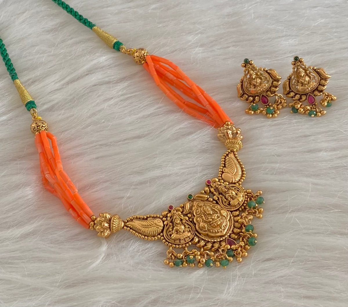 Antique gold tone coral lakshmi nakshi beaded necklace set dj-54966