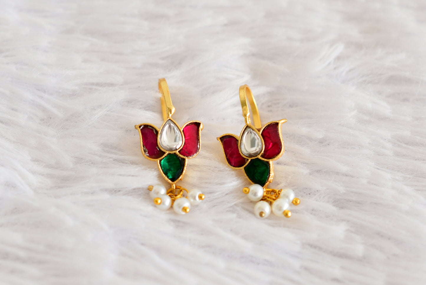Gold tone pink-green kundan jadau lotus bugadi earrings dj-52470