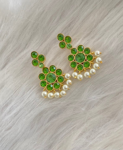 Gold tone AD parrot green stone pearl flower earrings dj-55137