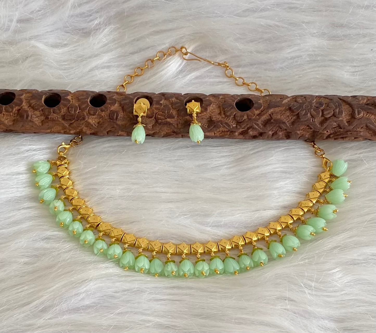Antique gold tone sea green tulip beaded necklace set dj-54215