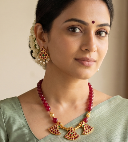 Gold tone ruby Beaded kemp necklace set-dj04017