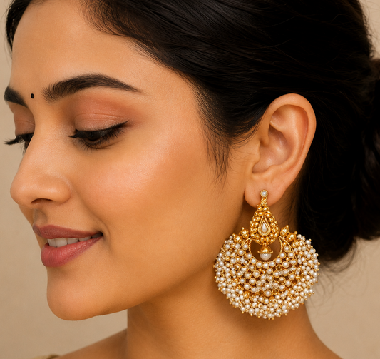 Antique gold tone Pearl Cluster Bali Earrings-dj04022