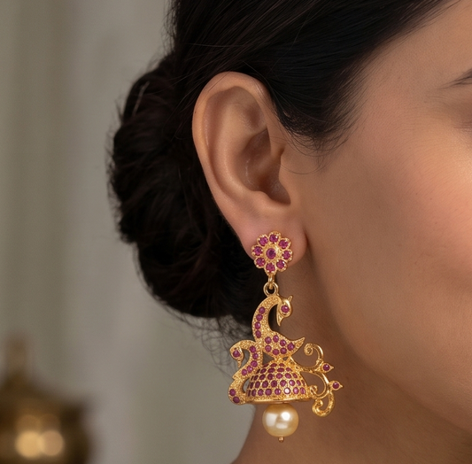 Gold tone ruby pearl peacock jhumkkas dj-04049