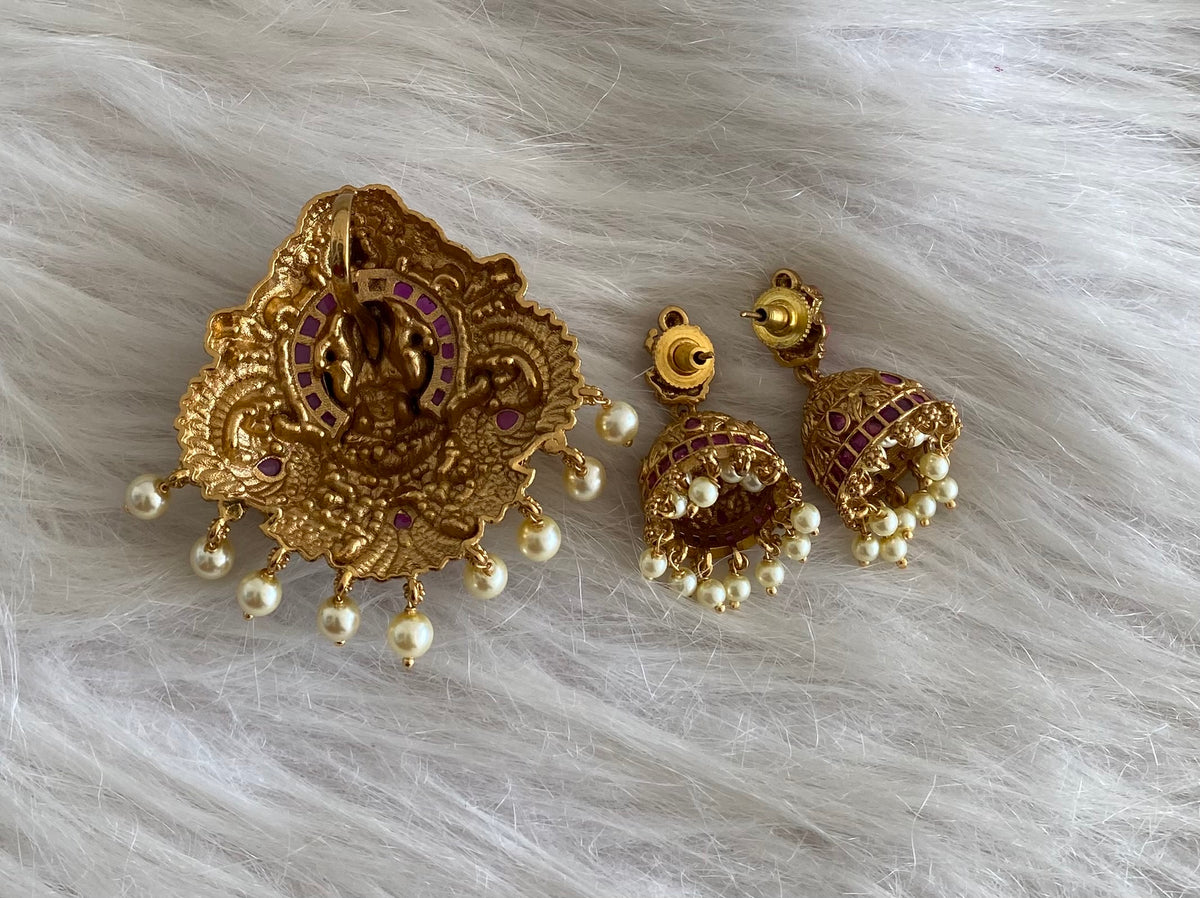 Antique gold tone pearl peacock lakshmi meenakari pendant set dj-54743