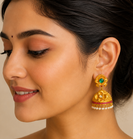 Matte Finish Emerald-ruby Flower Jhumkka -dj04133