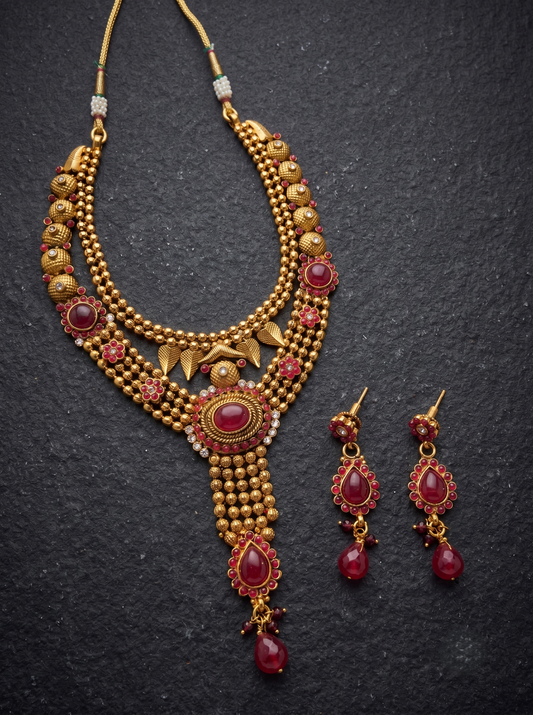 Antique gold tone Maroon Necklace Set-dj04169