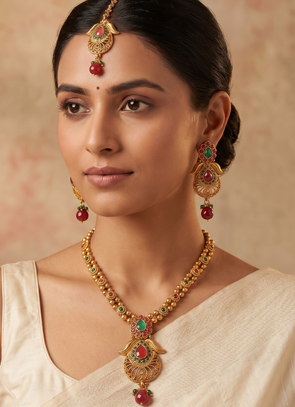 Antique gold tone ruby-green necklace set-dj04177