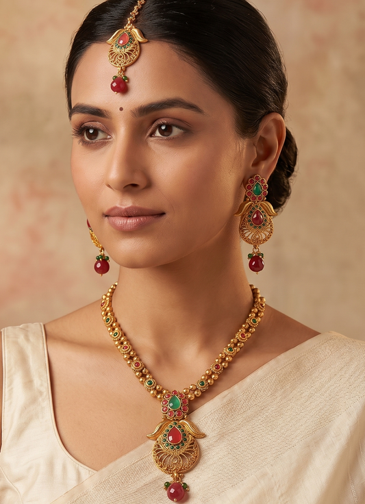 Antique gold tone ruby-green necklace set-dj04177